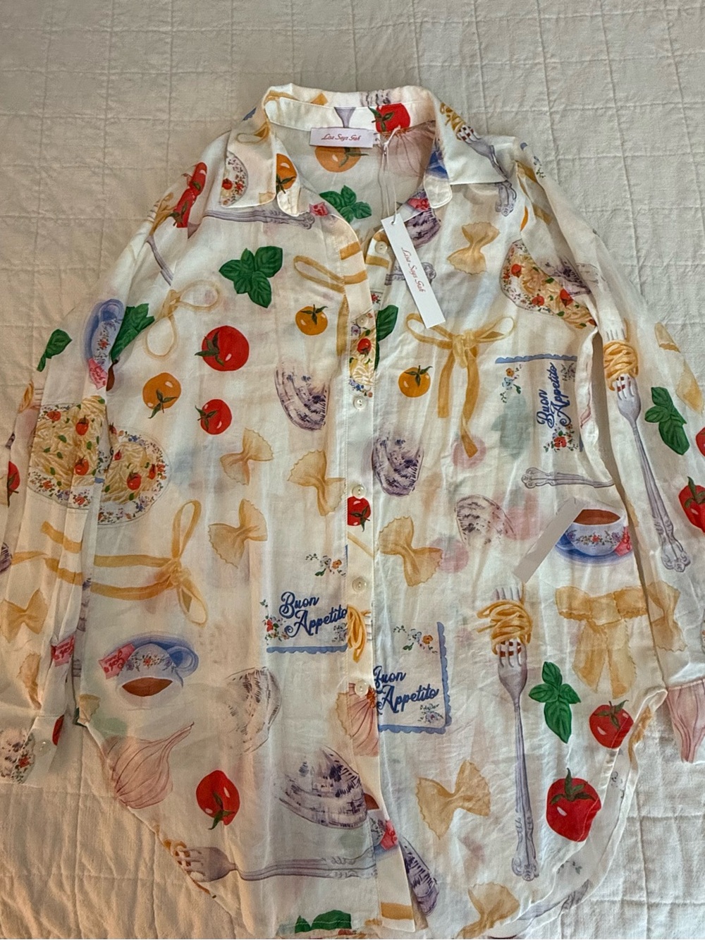NWT! Lisa Says Gah Tessa Button Down in Buon Appetito Pasta Print Italian Summer - Picture 2 of 4